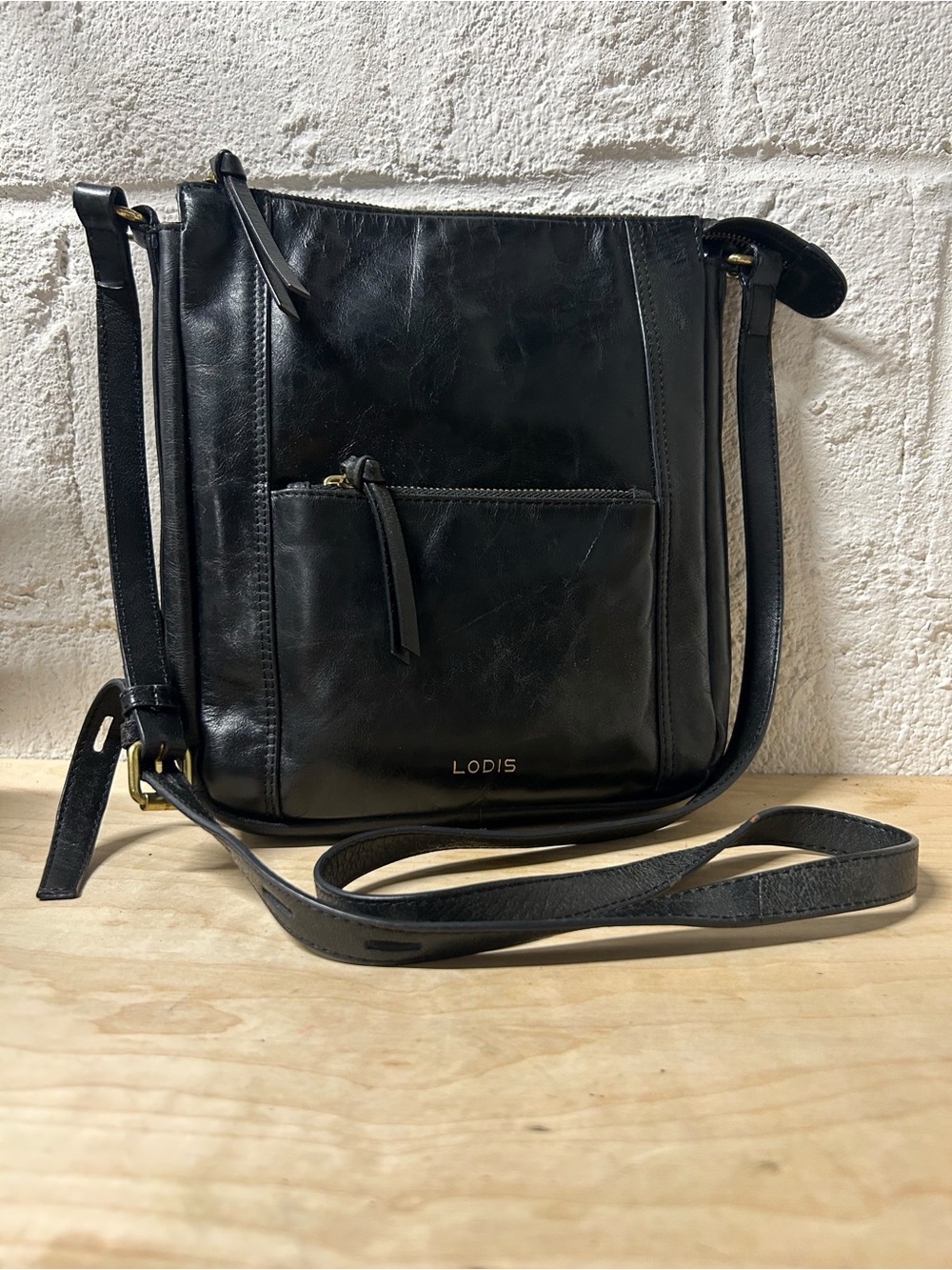 Vintage Lodis Black Smooth Genuine Leather Crossbody Bag